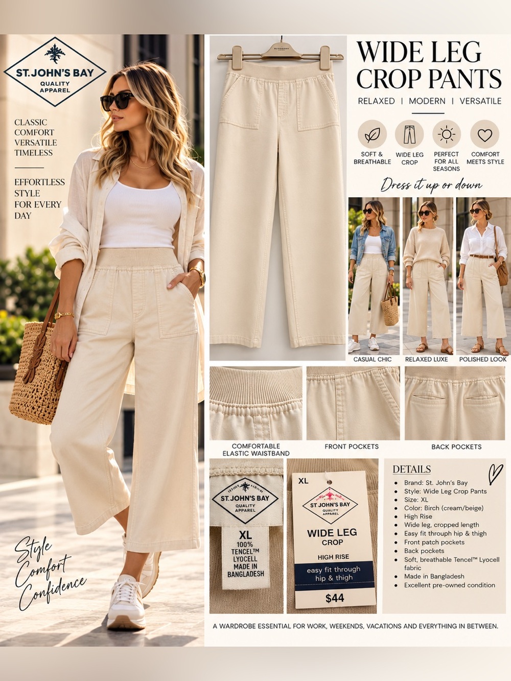 St. John's Bay Wide Leg Crop Pants in Birch/Beige